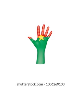 Burkina Faso flag and hand on white background. Vector illustration