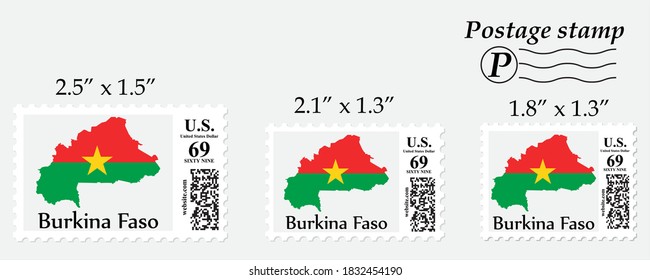 Burkina Faso flag map on postage stamp different size.