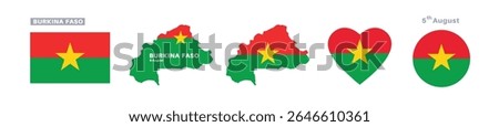  burkina faso flag and map set. burkina faso flag in official colors and proportions. independence day 5 august , map, circle and heart shaped burkina faso