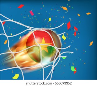 Burkina Faso flag on football in fire ball design goes through the net with confetti. Concept of goal celebration in vector illustration