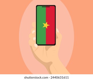Burkina Faso flag on mobile phone screen, holding smartphone, advertising social media or banner concept, Burkina Faso flag showing on phone screen, technology news idea
