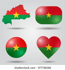 Burkina Faso flag set in map, oval, circular and heart shape.
