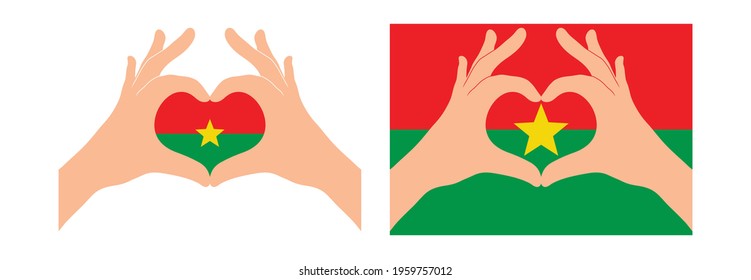 Burkina Faso flag. Two hands in the form of a heart with flag of Burkina Faso