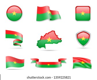 Burkina Faso flags collection. Flags and outline of the country vector illustration set