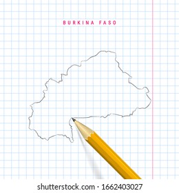 Burkina Faso freehand pencil sketch outline map on checkered school notebook background. Realistic 3D pencil with soft shadow.