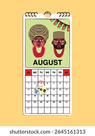 Burkina Faso Independence Day reminder on August 5th in a wall calendar with illustrative people wearing the nation's traditional attire.