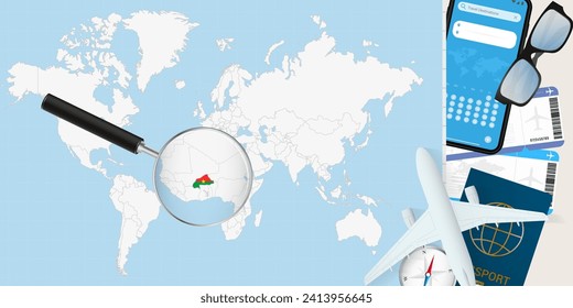Burkina Faso is magnified over a World Map, illustration with airplane, passport, boarding pass, compass and eyeglasses. Vector illustration.