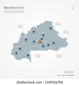 Burkina Faso map with borders, cities, capital Ouagadougou and
administrative divisions. Infographic vector map. Editable layers clearly labeled.