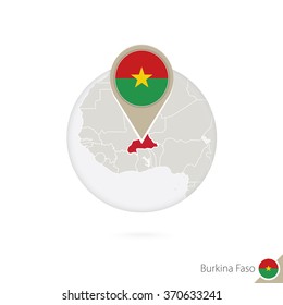 Burkina Faso map and flag in circle. Map of Burkina Faso, Burkina Faso flag pin. Map of Burkina Faso in the style of the globe. Vector Illustration.