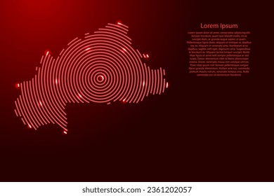 Burkina Faso map from futuristic concentric red circles and glowing stars for banner, poster, greeting card