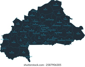 Burkina Faso map high detailed with administrative divide by state, capital cities names, outline simplicity style. Vector illustration EPS10.