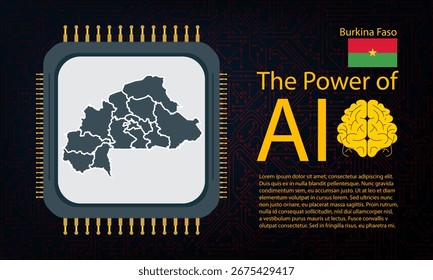 burkina Faso Karte mit Mikrochip Krieg und KI-Konzept auf Platine, Power of AI mit Landkarte. Globale Konnektivität mit Big Data. Design für UI Hintergründe oder FinTech Projekte.