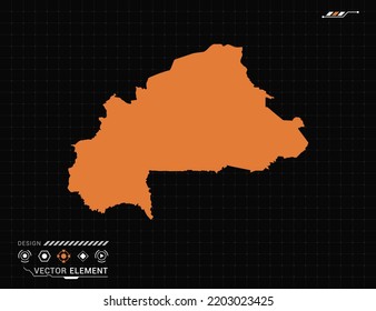 Burkina Faso map of orange digital frame HUD, GUI, UI interface technology radar vector.