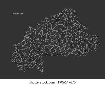 Burkina Faso Map Point scales on black background. Wire frame polygonal network white line, dot and shadow dot.