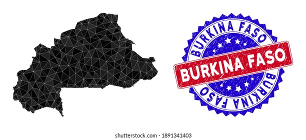 Burkina Faso map polygonal mesh with filled triangles, and scratched bicolor rubber seal. Triangle mosaic Burkina Faso map with mesh vector model, triangles have variable sizes, and positions,