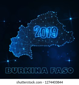 Burkina Faso map of polygonal network rays and space stars of vector illustration year 2019