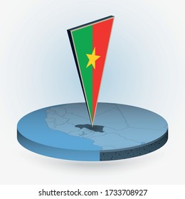 Burkina Faso map in round isometric style with triangular 3D flag of Burkina Faso, vector map in blue color. 