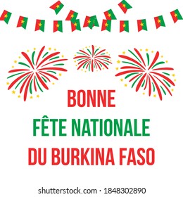 Burkina Faso National Day lettering in French language with flags and fireworks. Easy to edit vector template for typography poster banner, flyer, sticker, greeting card, postcard, etc.
