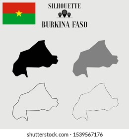 Burkina Faso outline world map, solid, dash line contour silhouette, national flag original proportion, vector illustration design, isolated on background, objects, symbol from countries set