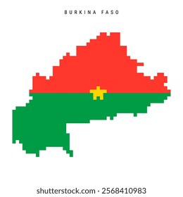 Burkina Faso pixel flag map icon. 8 bit pixel art Upper Volta map covered with flag. Flat vector illustration isolated on white background.