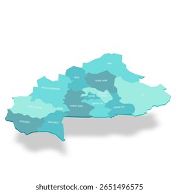 Mapa político de Burkina Faso de divisões administrativas - regiões. Mapa de vetor turquesa 3D com rótulos de nome.
