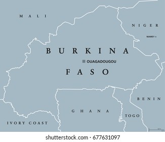 Burkina Faso political map with capital Ouagadougou. Landlocked country in West Africa, formerly the Republic of Upper Volta. Gray illustration with English labeling. Vector.