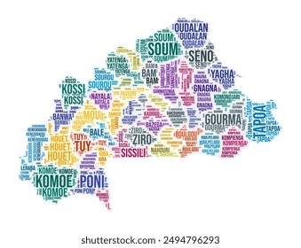 Burkina Faso region word cloud. Country shape design. Burkina Faso colored illustration. Region names collage cloud. Vector illustration.