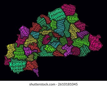 Burkina Faso Regions Word Clouds. Bright neon style design on dark background. Region names of the country in French language. Country shape with administrative division. Vibrant vector illustration.