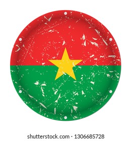 Burkina Faso - round metallic scratched flag with six screw holes in front of a white background