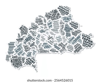 Burkina Faso shape text cloud. Country border with shadow on white background. Burkina Faso with regions division in vintage gazette style. Elegant vector illustration.