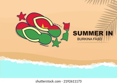 Burkina Faso summer holiday vector banner, beach vacation concept, flip flops sunglasses starfish on sand, copy space area, Burkina Faso summer travel and tourism idea with flag