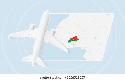 Burkina Faso Travel Illustration with Plane and National Flag. Ideal for travel agencies, promotional materials, or geographic content related to Burkina Faso.