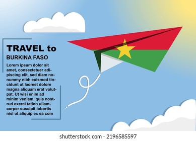 Burkina Faso travel vector banner with paper flag and text space, Burkina Faso country flag on paper plane, holiday and vacation concept, summer travel template and pattern, flight ticket idea
