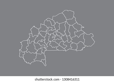 Burkina Faso vector map with border lines of provinces using gray color on dark background illustration
