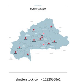 Burkina Faso vector map. Editable template with regions, cities, red pins and blue surface on white background.