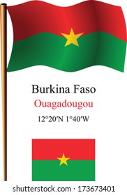 burkina faso wavy flag and coordinates against white background, vector art illustration, image contains transparency