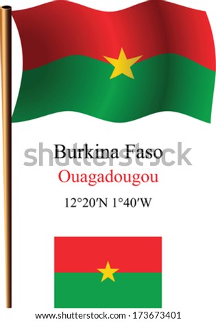burkina faso wavy flag and coordinates against white background, vector art illustration, image contains transparency