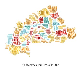 Burkina Faso Word Cloud. Country shape with region division. Burkina Faso typography style image. Region names tag clouds. Vector illustration.