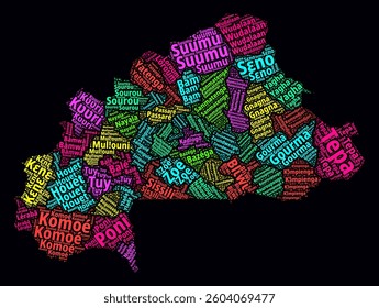 Burkina Faso Word Cloud. Region names of the country in French language. Bright neon style design on dark background. Burkina Faso shape with administrative division. Elegant vector illustration.