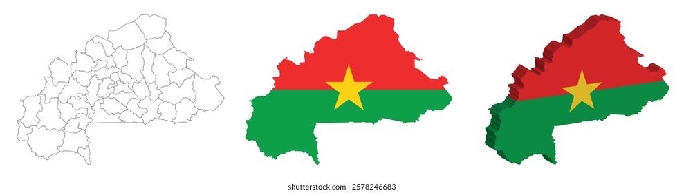 Burkina feso outline, fill with flag and 3d map