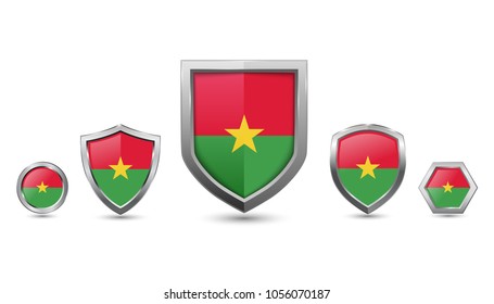Burkina flag badges - silver shape shield circle hexagon - vector illustration