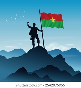 Burkina Flag raised on a mountain peak with clear sky in the background, vector illustration