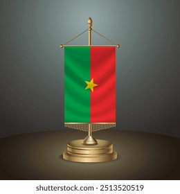 Bandera de mesa de Vertical de Burkina con poste dorado de Burkina sobre fondo degradado oscuro, Ilustración vectorial de Anuncio de Plantilla
