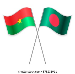 Burkinabe and Bangladeshi crossed flags. Burkina Faso combined with Bangladesh isolated on white. Language learning, international business or travel concept.