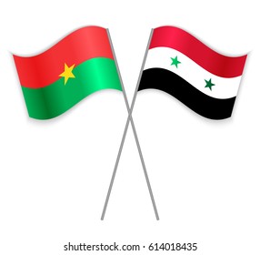 Burkinabe and Syrian crossed flags. Burkina Faso combined with Syria isolated on white. Language learning, international business or travel concept.