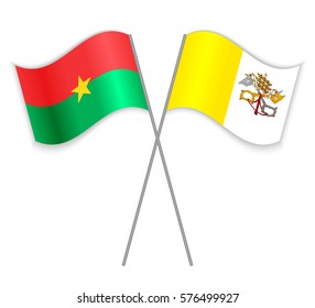 Burkinabe and Vatican crossed flags. Burkina Faso combined with Vatican City State isolated on white. Language learning, international business or travel concept.