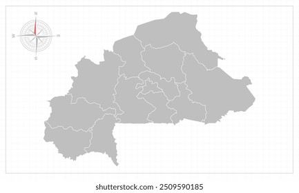 Burkina-Faso map with grey style and compas element.