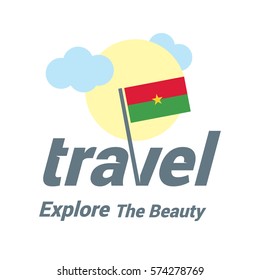 Burkina-Faso Travel Country Flag Logo. Explore the The Beauty lettering with Sun and Clouds and creative waving flag. travel company logo design - vector illustration