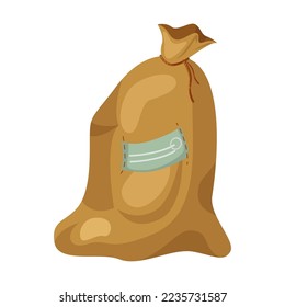 Burlap bag of cereal grains cartoon illustration. Tied sack of sugar, rice, wheat or rye with label isolated on white. Agriculture, food concept