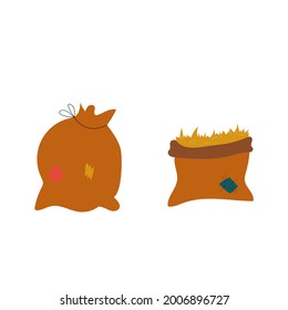 Burlap bag with dry wheat, hay and grains hand drawn flat style illustration. Vector illustration